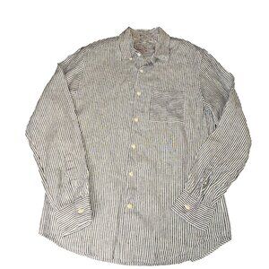 Alex Crane M Striped Linen Shirt Blue White Long Sleeve Button Up Beach Preppy